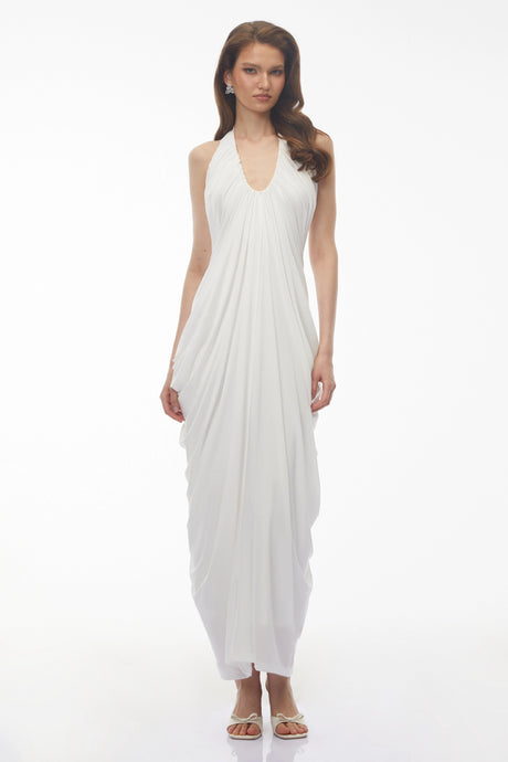 Valeriana Maxi Dress White Halterneck Draped