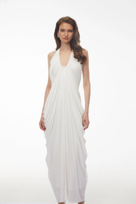 Valeriana Maxi Dress White Halterneck Draped