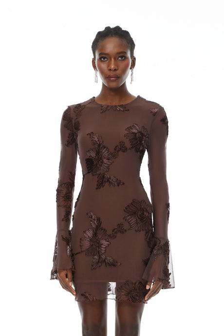 Silvana Mini Dress Brown Floral Embroidered