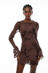 Uxue Brown Floral Embroidered Mini Dress