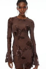 Uxue Brown Floral Embroidered Mini Dress