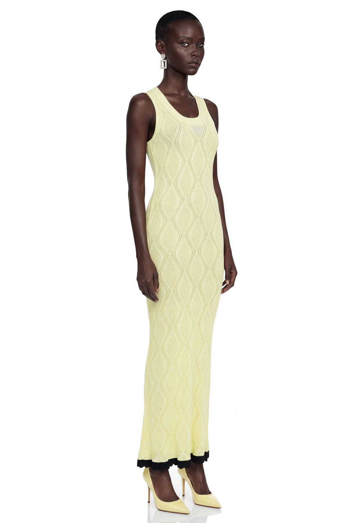 Vale Yellow UNeck Maxi Dress with Lace Trim