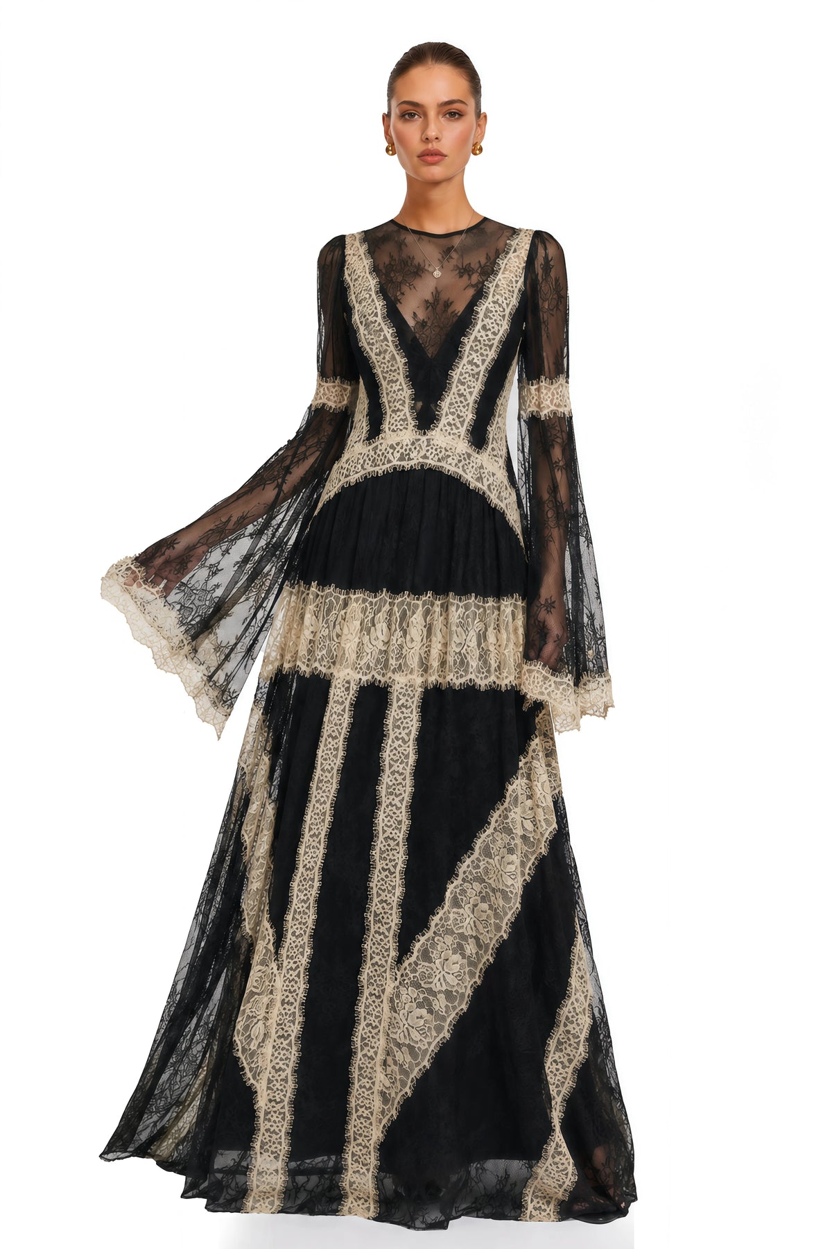 Valentina Black Color Block Lace Maxi Dress