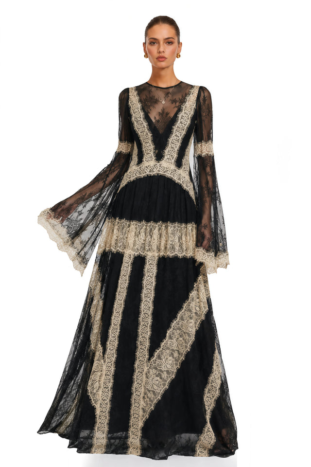 Valentina Black Color Block Lace Maxi Dress