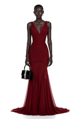 Valentina Burgundy VNeck Ruched Maxi Dress