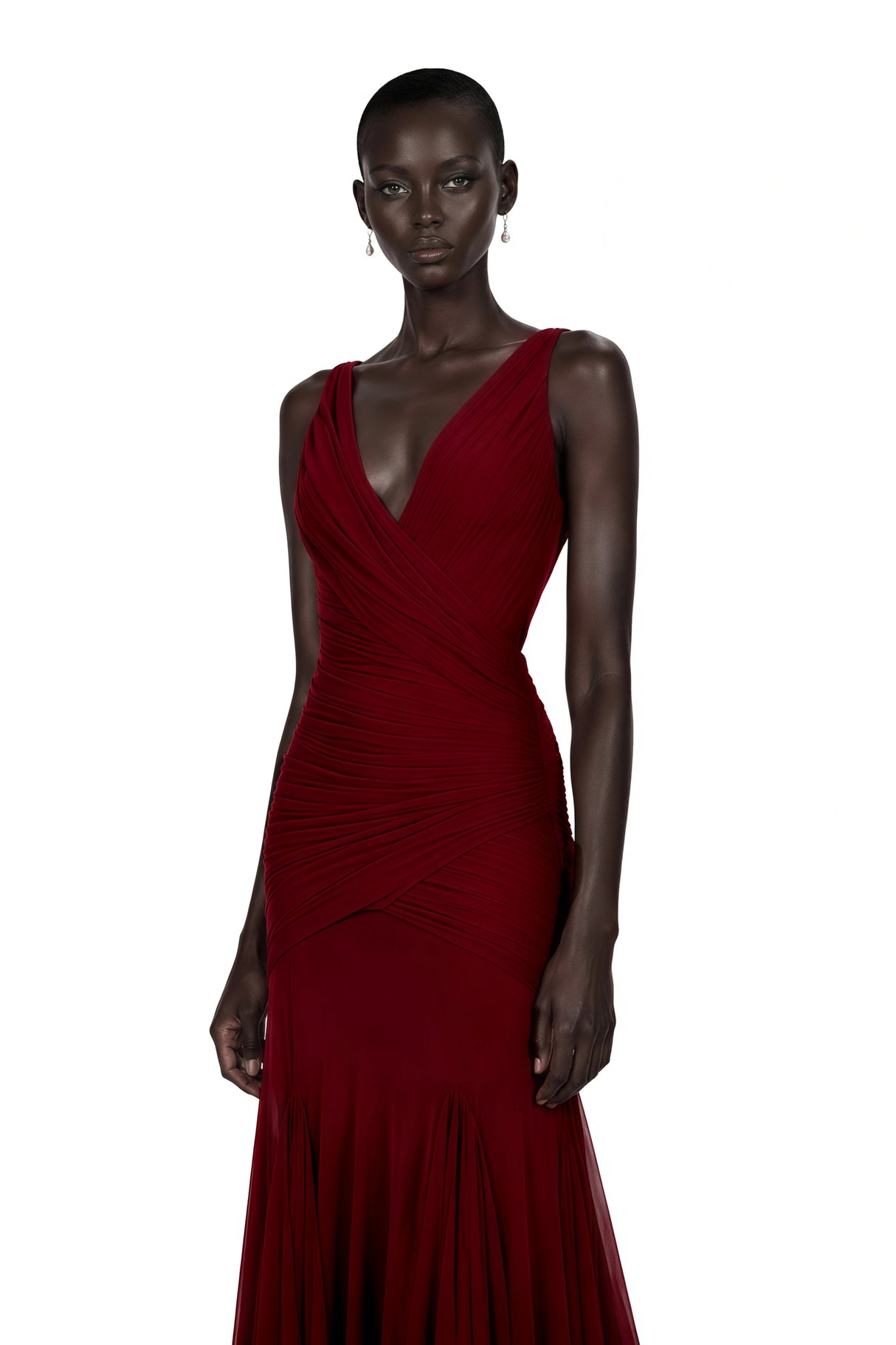 Valentina Burgundy VNeck Ruched Maxi Dress