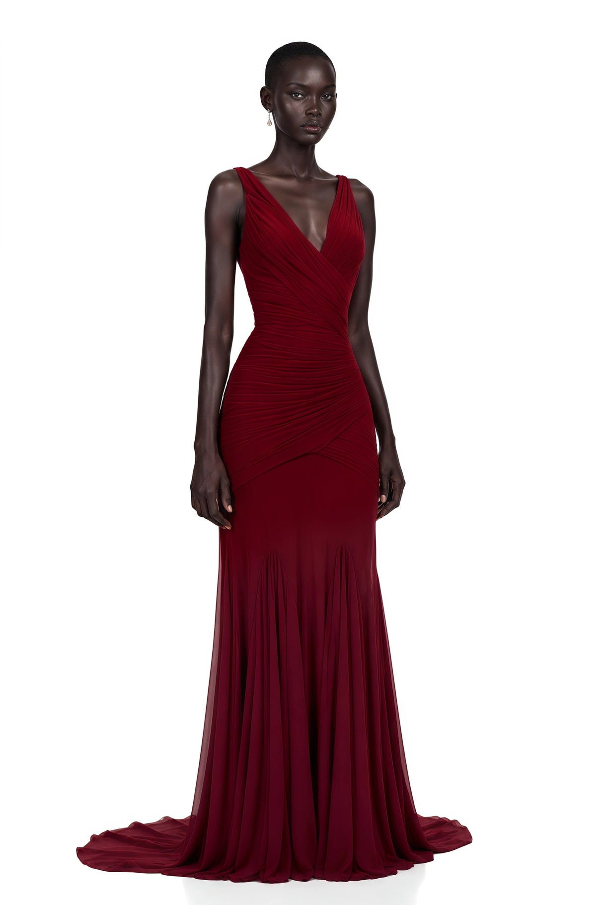 Valentina Burgundy VNeck Ruched Maxi Dress