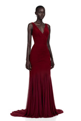 Valentina Burgundy VNeck Ruched Maxi Dress