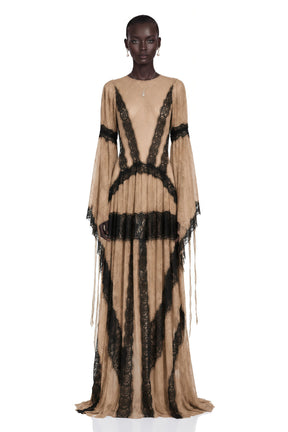 Valentina Nude Color Block Lace Maxi Dress
