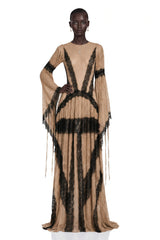 Valentina Nude Color Block Lace Maxi Dress