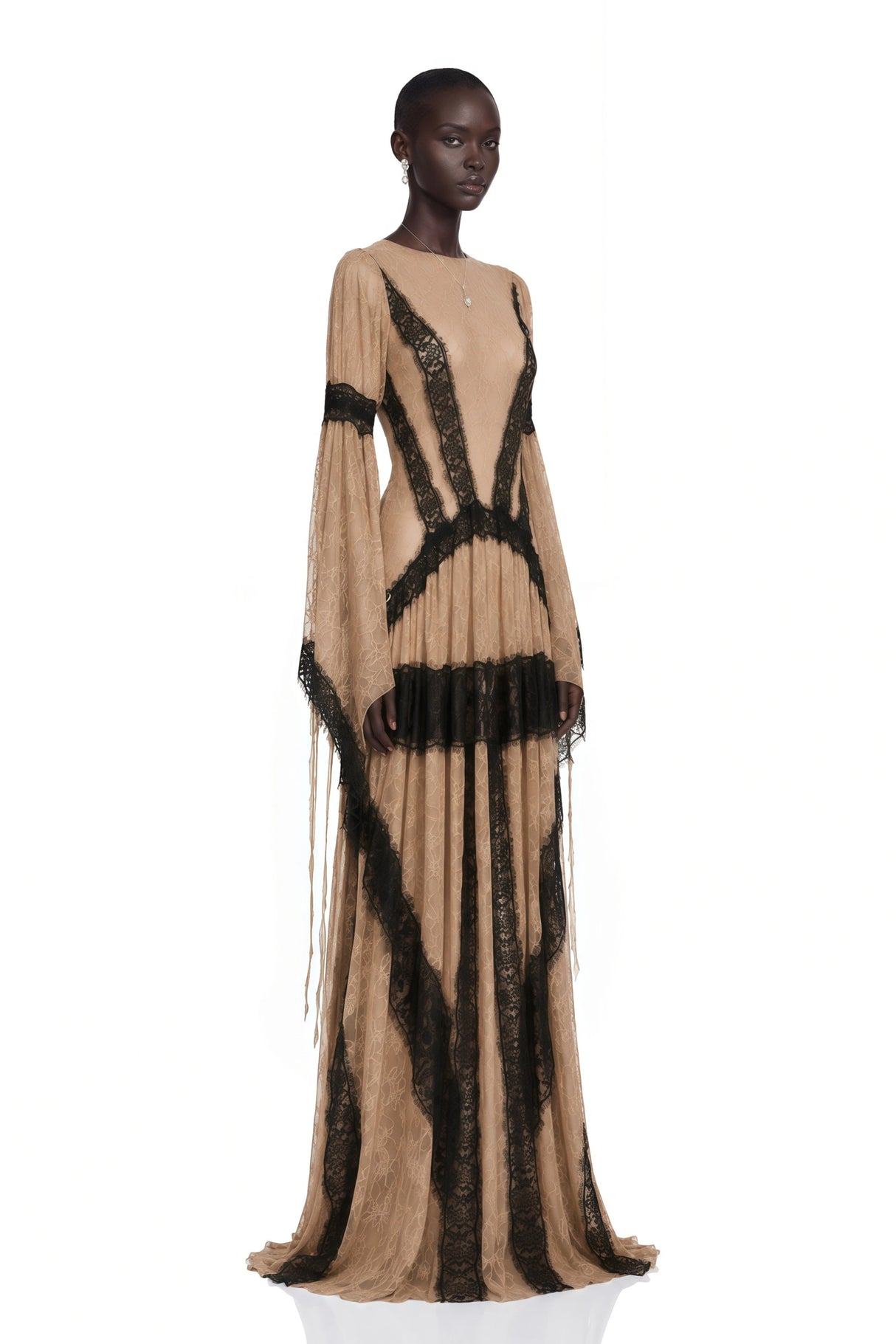Valentina Nude Color Block Lace Maxi Dress