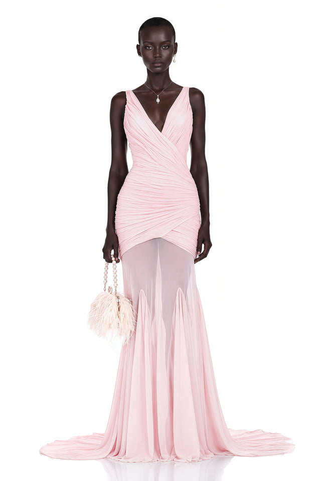 Valentina Pink VNeck Ruched Maxi Dress