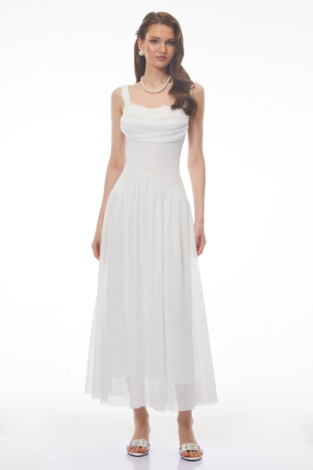 Valentina White Halterneck Ruched Maxi Dress