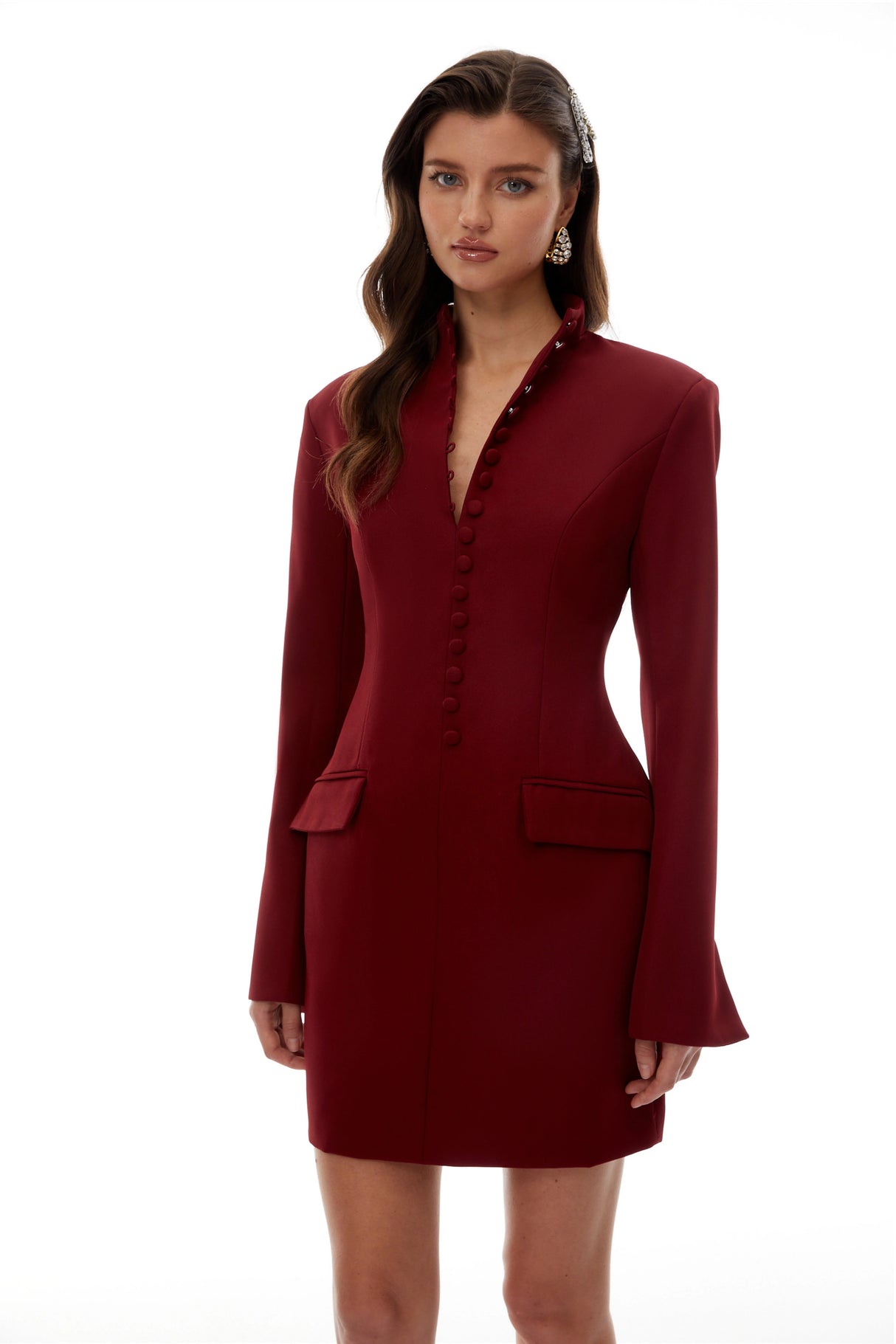 Valeria Burgundy Stand Collar Long Sleeve Mini Dress