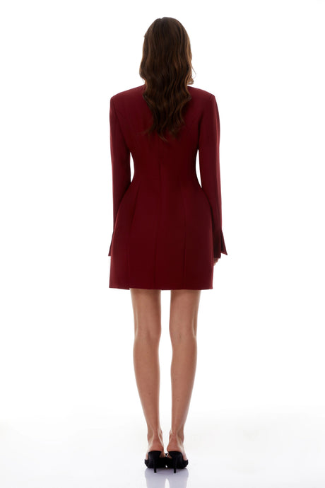 Delilah Mini Dress Burgundy Stand Collar Long Sleeve