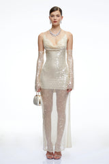 Valeria Neutral Halterneck Sequin Maxi Dress