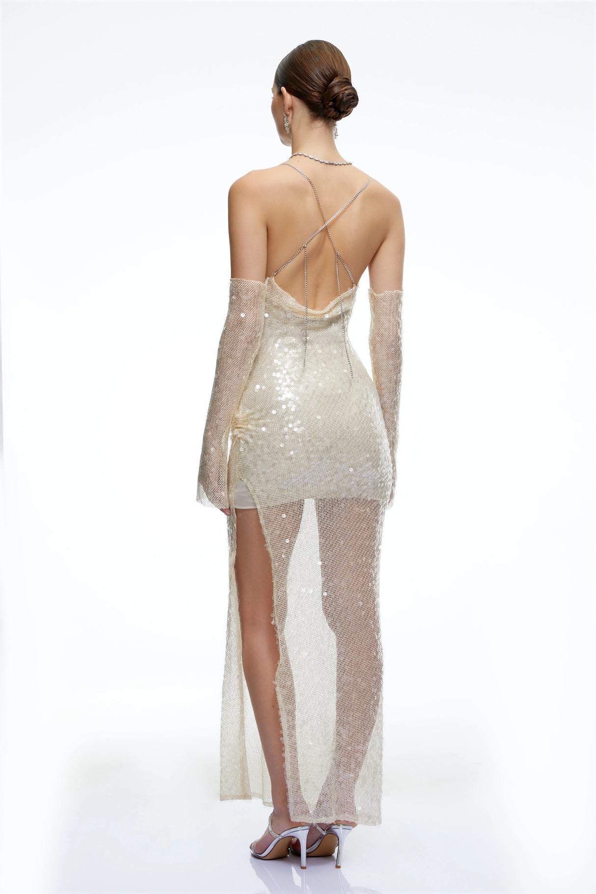 Valeria Neutral Halterneck Sequin Maxi Dress