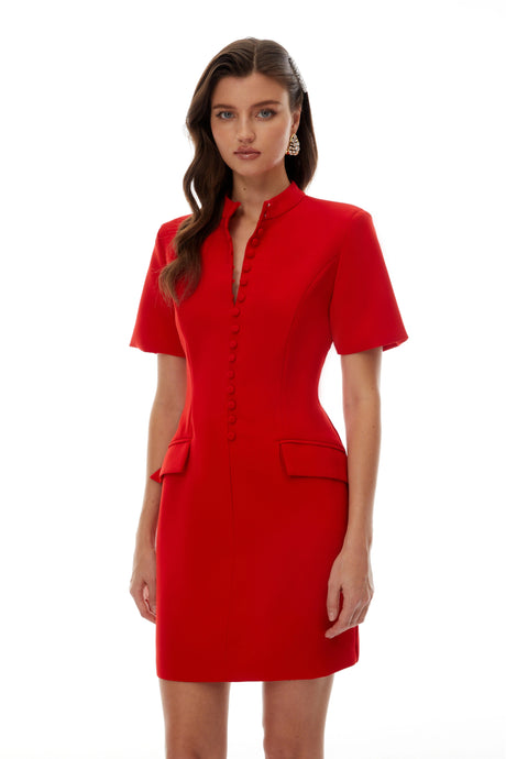 Riley Mini Dress Red Stand Collar Short Sleeves