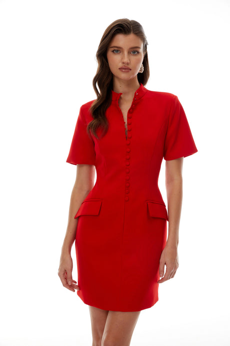 Riley Mini Dress Red Stand Collar Short Sleeves