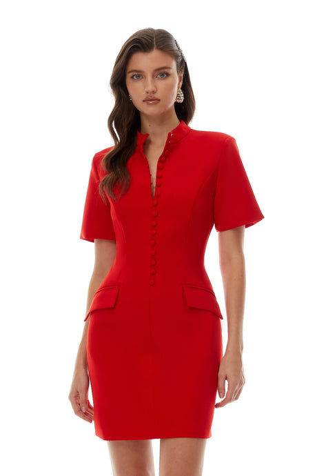 Riley Mini Dress Red Stand Collar Short Sleeves