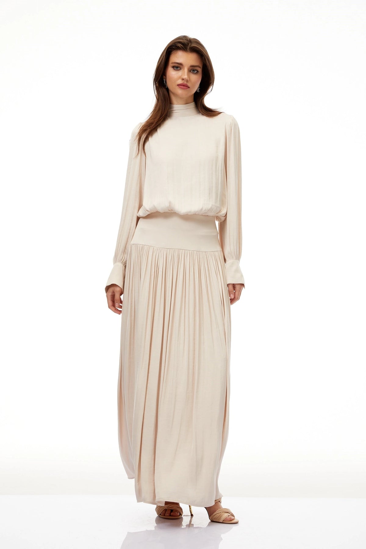 Valérie Neutral SelfTie Pleated Maxi Dress