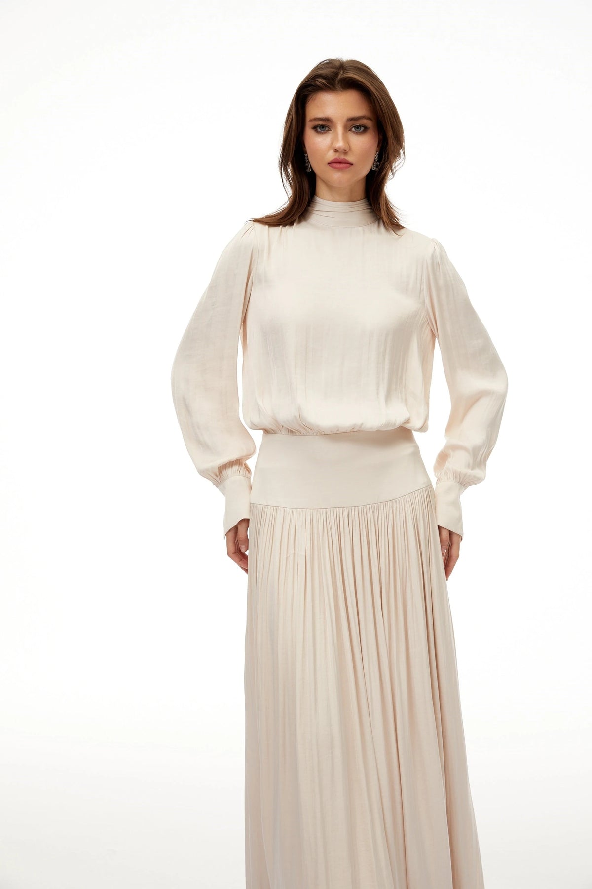 Valérie Neutral SelfTie Pleated Maxi Dress