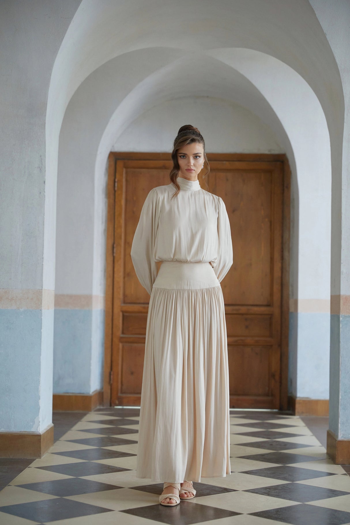 Valérie Neutral SelfTie Pleated Maxi Dress