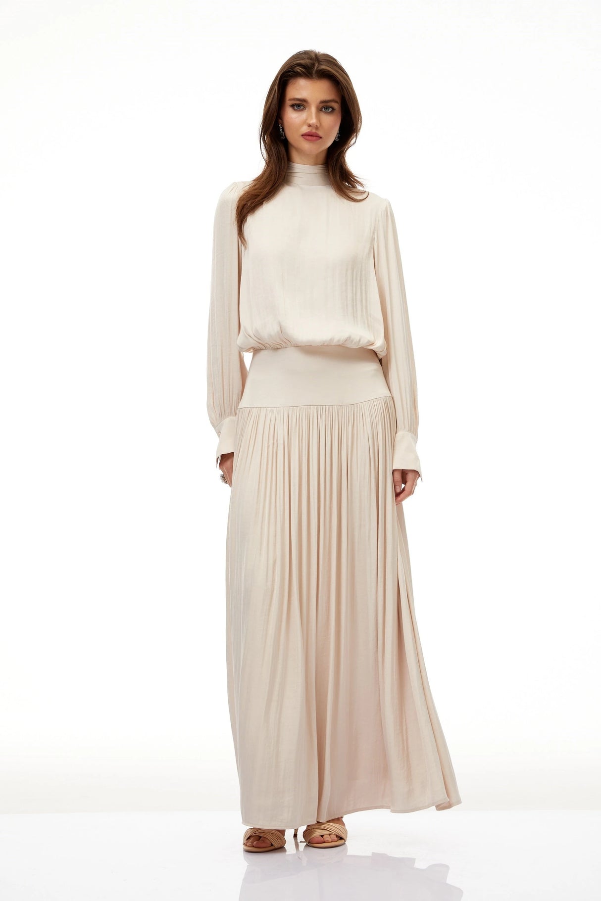 Valérie Neutral SelfTie Pleated Maxi Dress