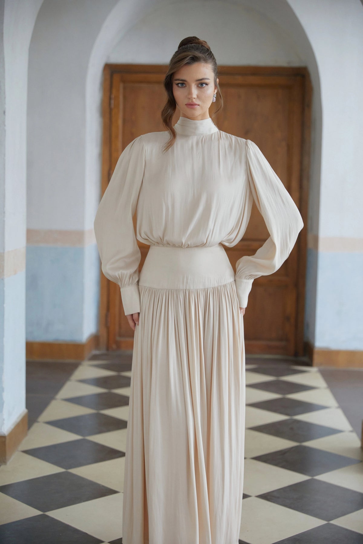 Valérie Neutral SelfTie Pleated Maxi Dress