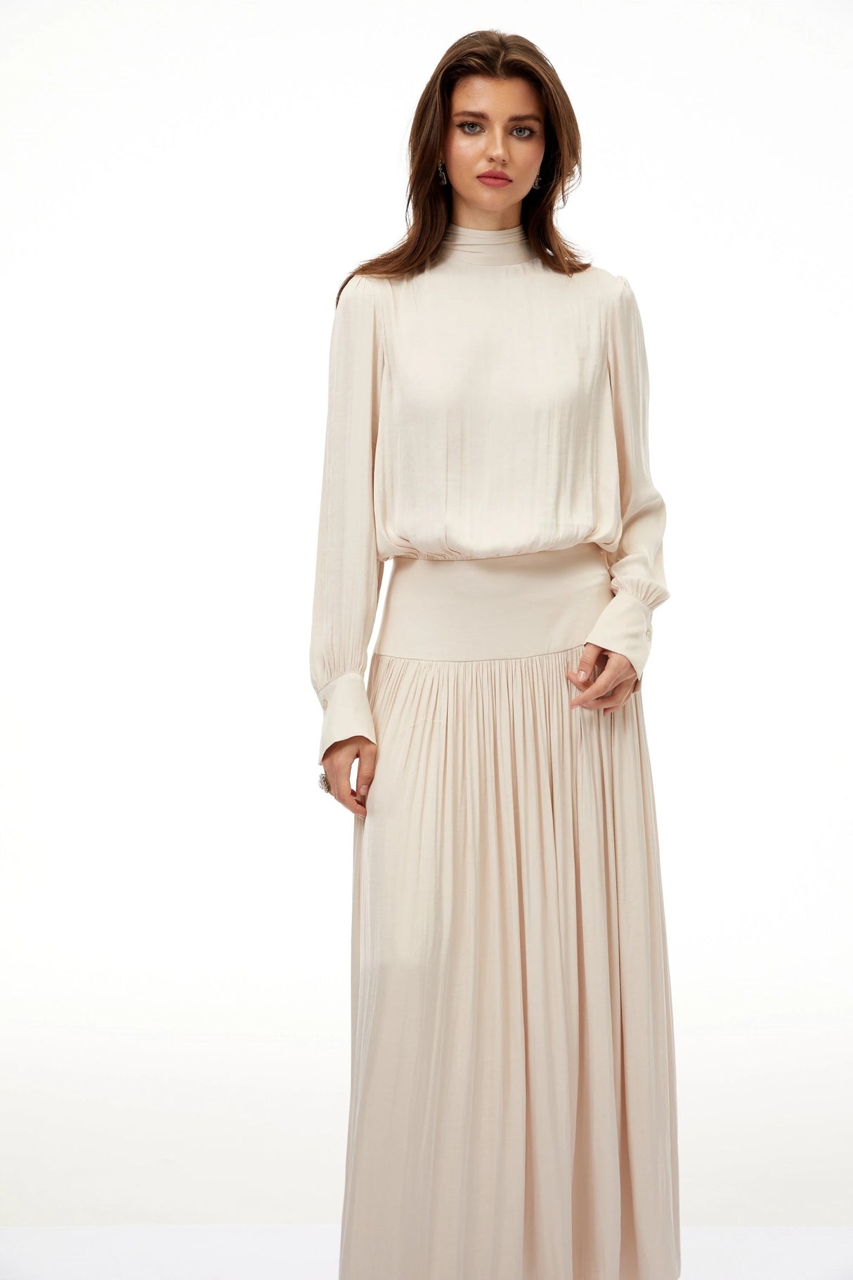 Valérie Neutral SelfTie Pleated Maxi Dress