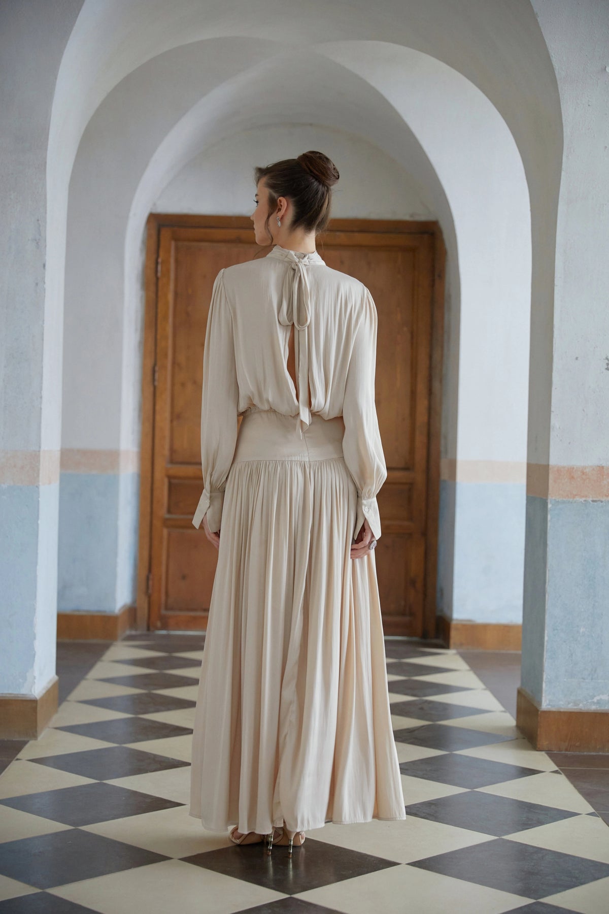 Valérie Neutral SelfTie Pleated Maxi Dress