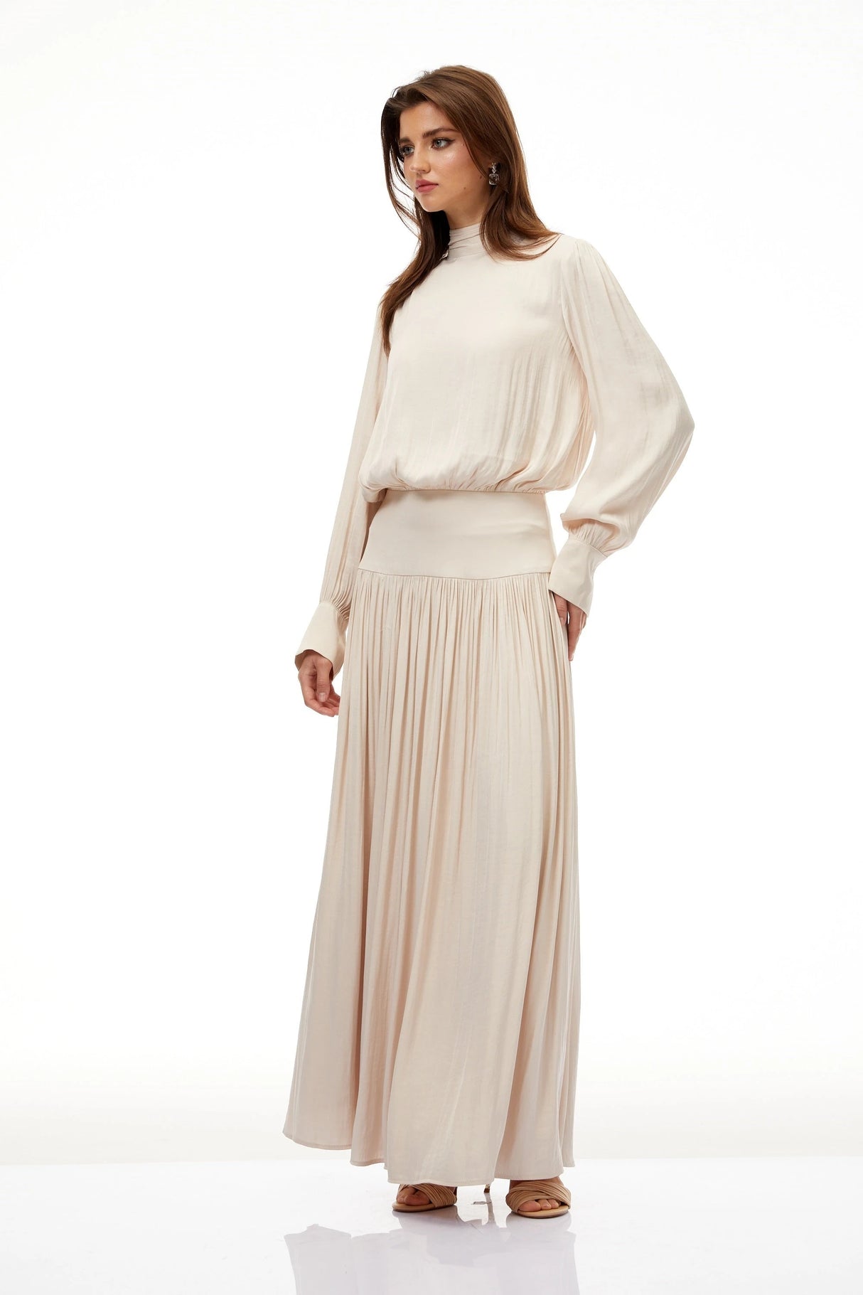 Valérie Neutral SelfTie Pleated Maxi Dress