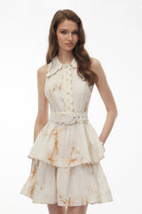 Vashti Neutral Tiered Ruffled Mini Dress