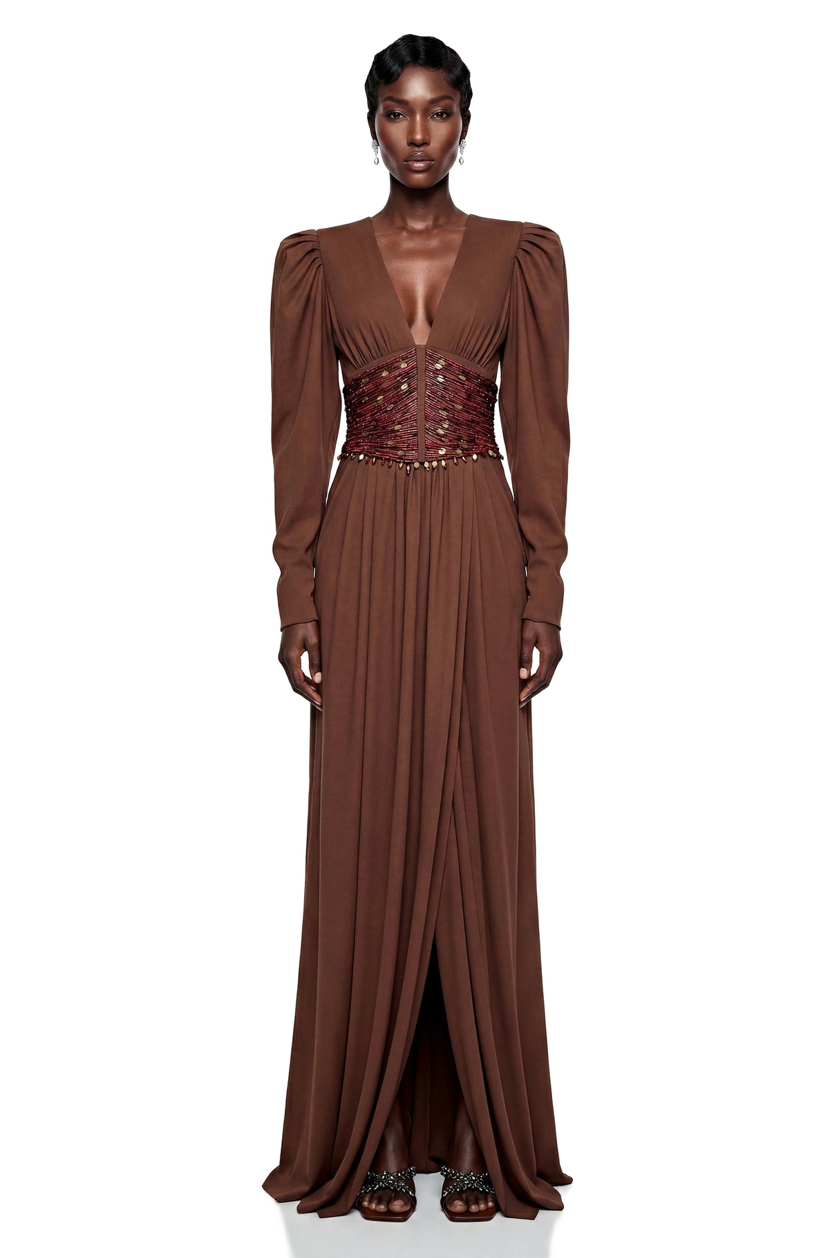 Vasilisa Brown Deep VNeck Ruched Maxi Dress