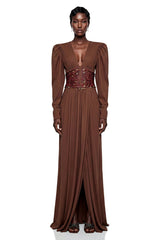 Vasilisa Brown Deep VNeck Ruched Maxi Dress