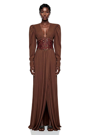 Vasilisa Brown Deep VNeck Ruched Maxi Dress