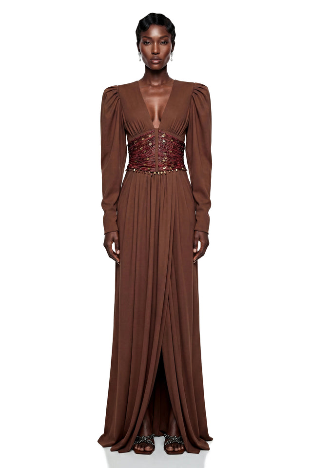 Vasilisa Brown Deep VNeck Ruched Maxi Dress