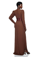 Vasilisa Brown Deep VNeck Ruched Maxi Dress