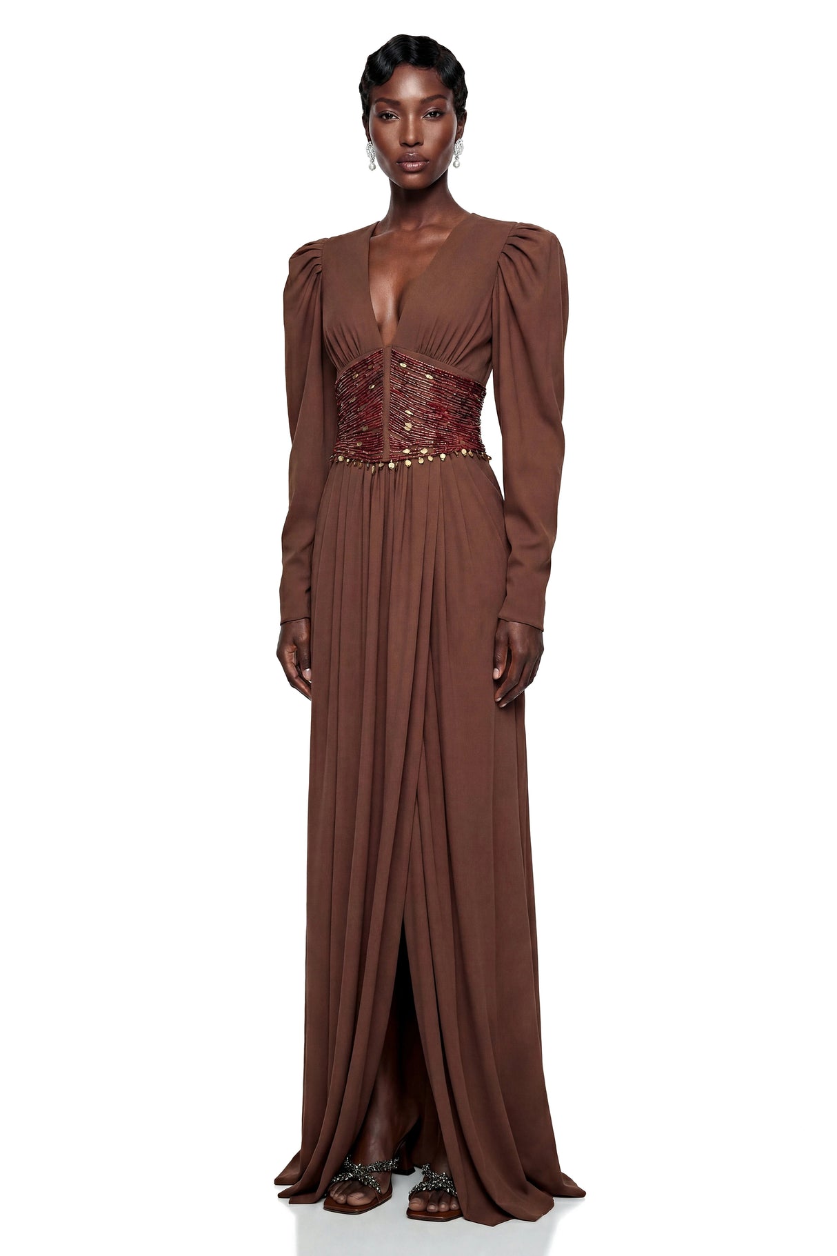 Vasilisa Brown Deep VNeck Ruched Maxi Dress