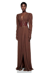 Vasilisa Brown Deep VNeck Ruched Maxi Dress