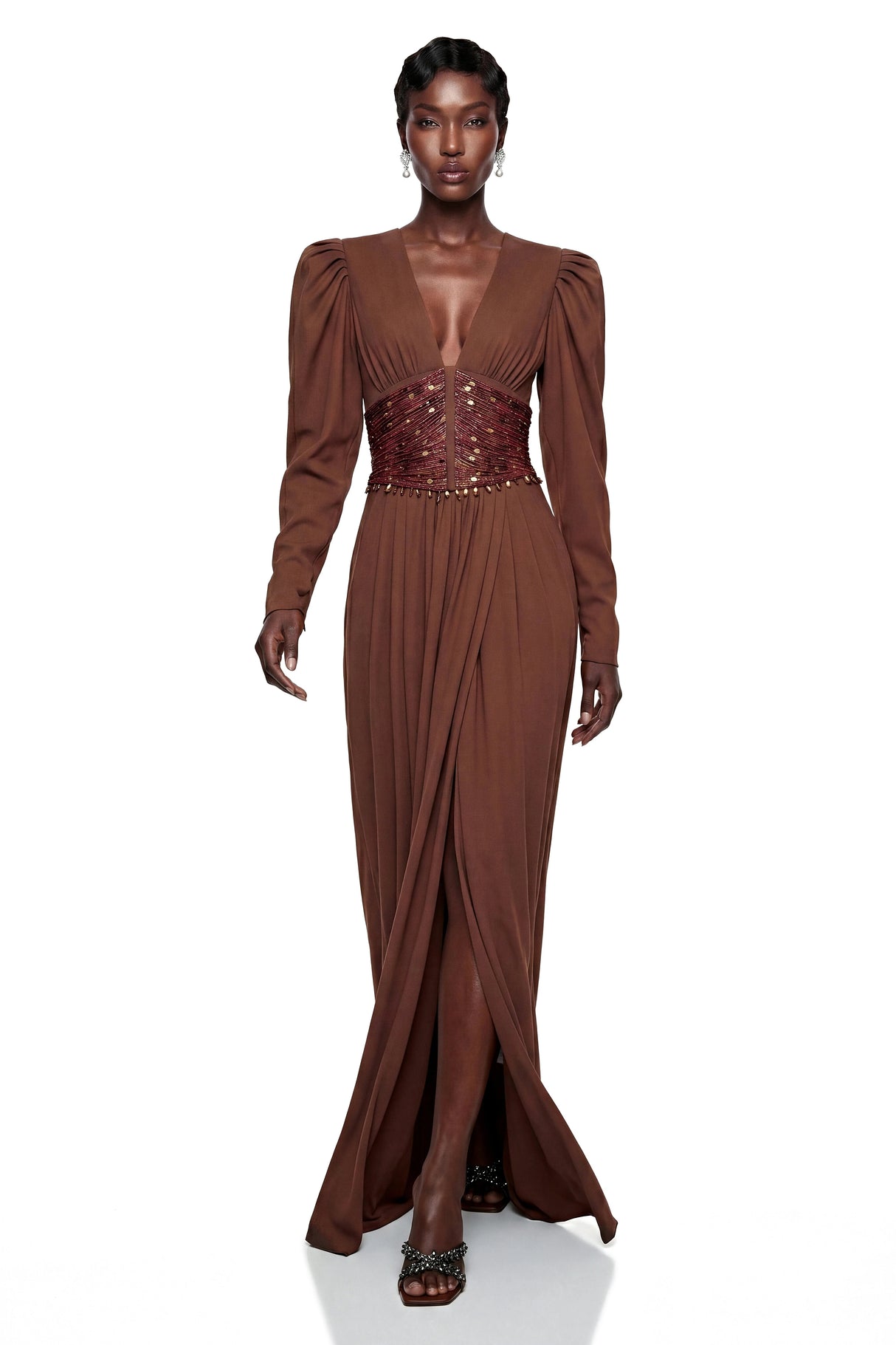 Vasilisa Brown Deep VNeck Ruched Maxi Dress