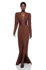 Vasilisa Brown Deep VNeck Ruched Maxi Dress