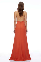 Veda Orange Halterneck Ruched Maxi Dress with Slit