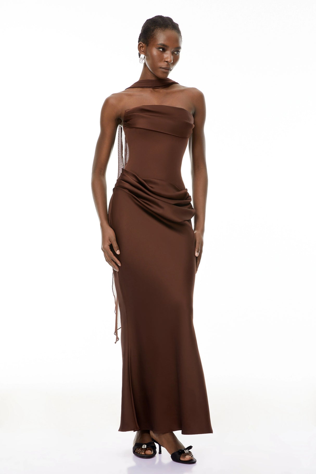 Vedette Brown Ruched Corset Maxi Dress Without Gloves