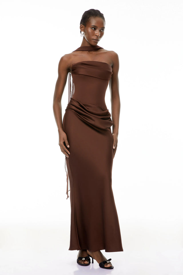 Vedette Brown Ruched Corset Maxi Dress Without Gloves