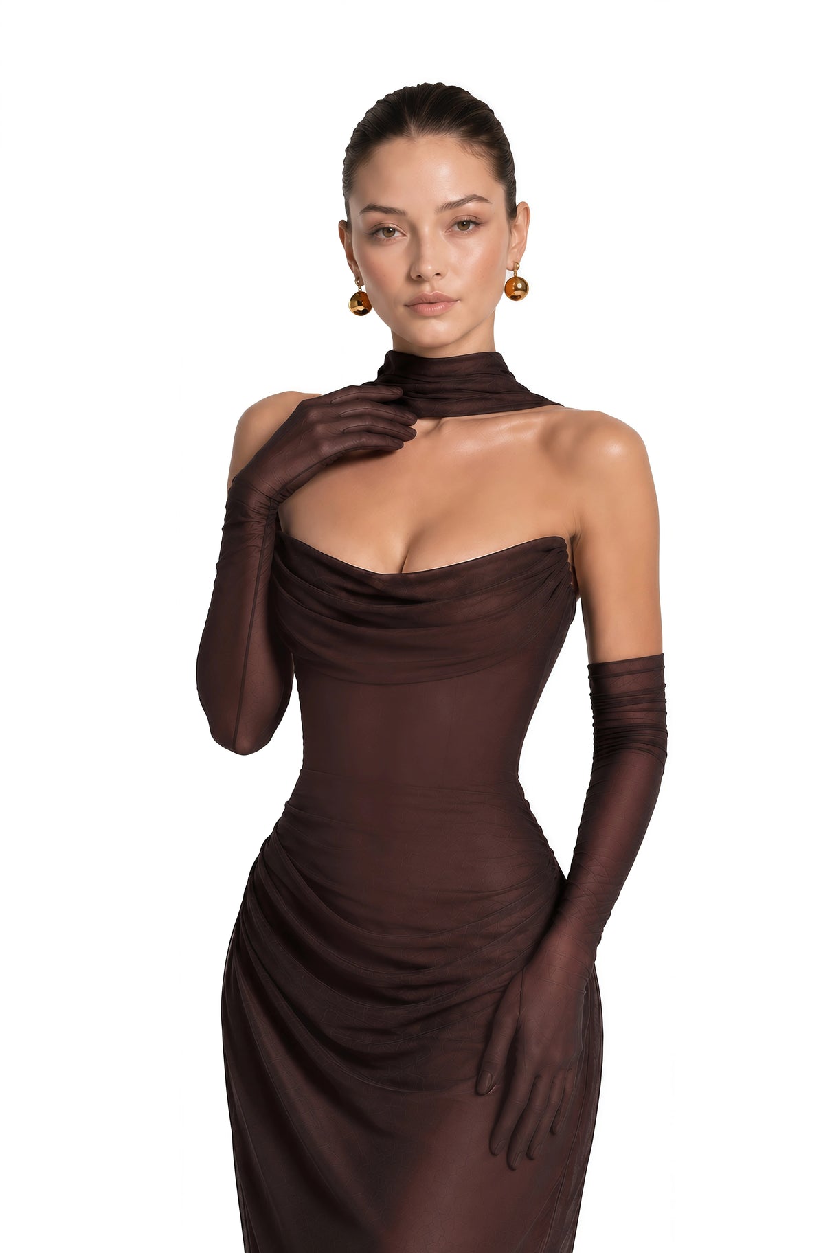 Vedette Brown Ruched Corset Maxi Dress Without Gloves