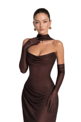 Vedette Brown Ruched Corset Maxi Dress Without Gloves