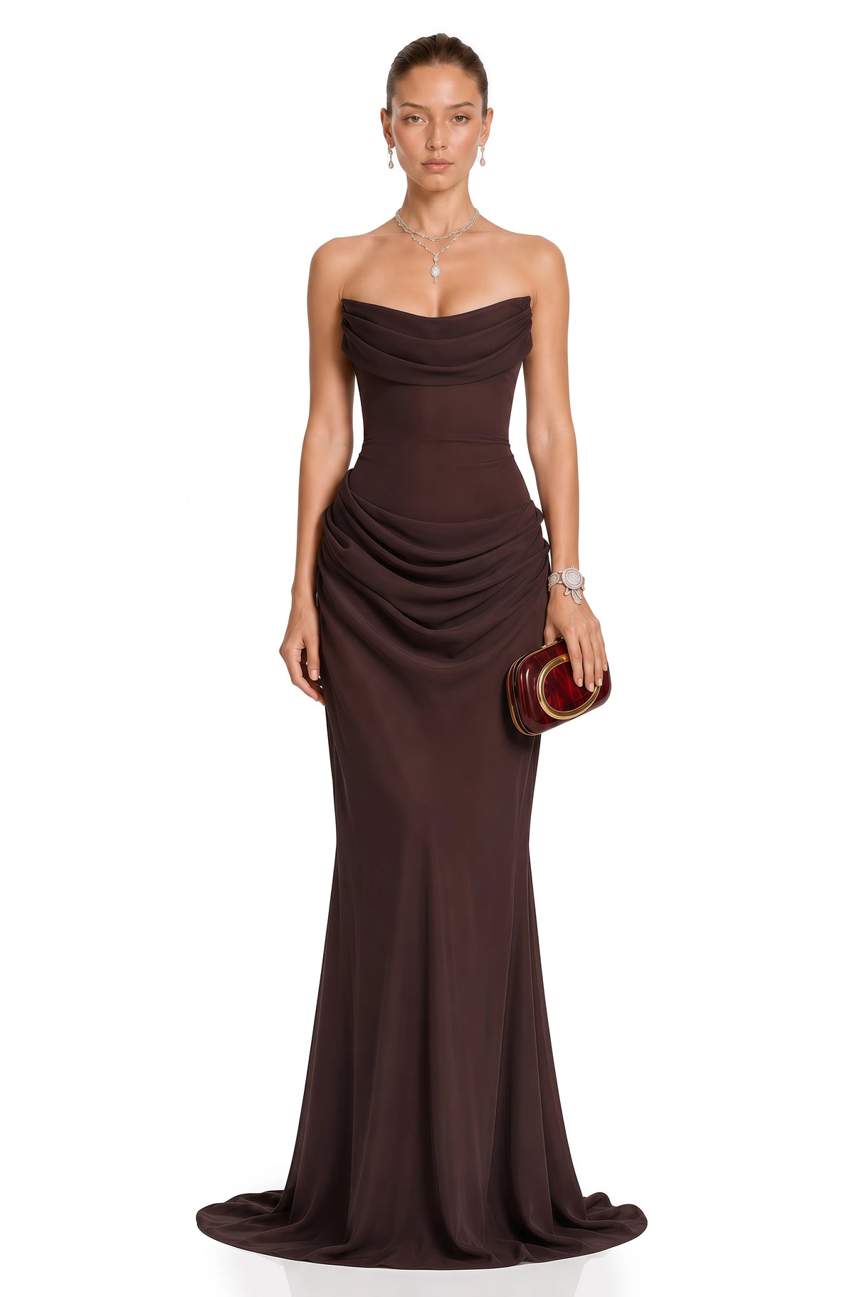 Vedette Brown Ruched Corset Maxi Dress Without Gloves