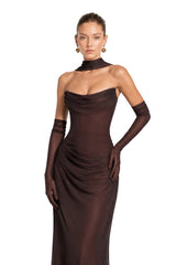 Vedette Brown Ruched Corset Maxi Dress Without Gloves