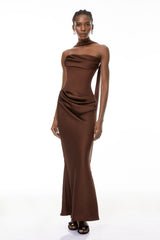 Vedette Brown Ruched Corset Maxi Dress Without Gloves
